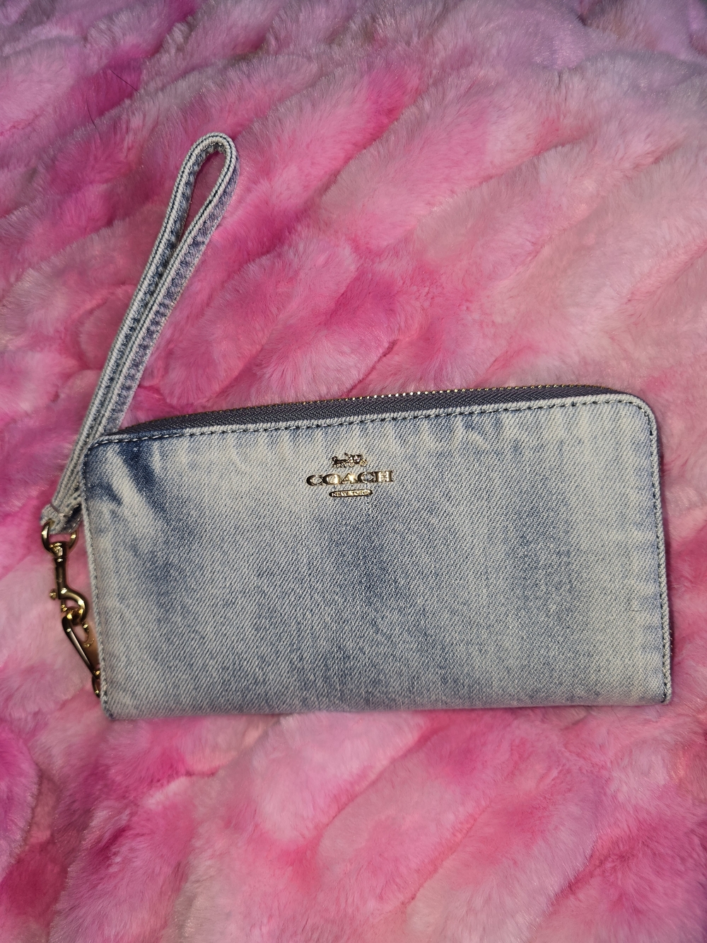 Loved Denim Long Zip Around Wallet with Gold Logo